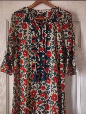 Roller Rabbit Red Floral with Navy Embroidery maxi  kaftan dress